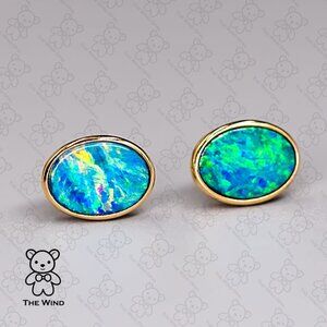 Minimalist Australian Doublet Opal Earrings 18K Yellow Gold